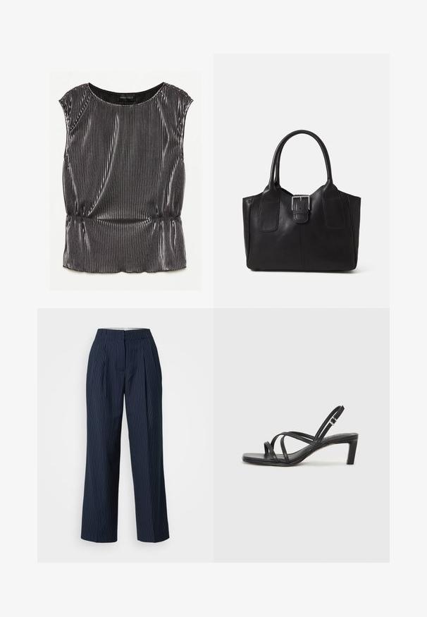 Metalická čierna bezrukávová blúzka s plisovaným dizajnom, zaobleným výstrihom a zberným lemom. Viditeľná značka "ANNA FIELD" vo vnútri.; Námořnické pruhované kalhoty s vysokým pasem, skladaným předním dílem a širokými nohavicemi. Vyrobeny z texturované tkaniny, se svislými bílými pruhy.; Čierne sandále na vysokom podpätku so štvorcovou špičkou a nízkym blokovým podpätkom. Obsahujú viacero tenkých popruhov a nastaviteľný členkový popruh. Vyrobené z hladkej kože.; Čierna kožená taška s hladkou textúrou, štruktúrovaným tvarom, dvoma uchami a výrazným strieborným prackovým detailom na prednej strane.