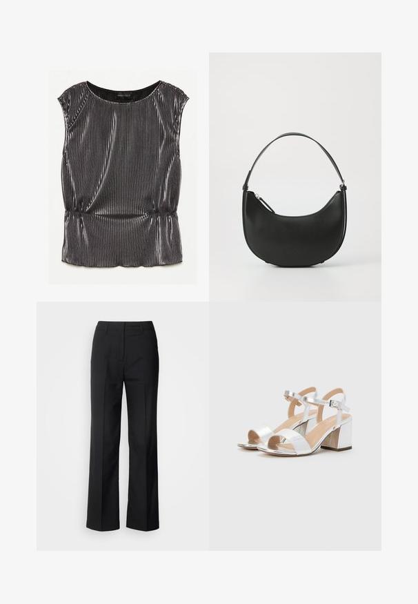 Metallic black sleeveless top with a pleated design, rounded neckline, and gathered hem. Brand label "ANNA FIELD" visible inside.; Scotch & Soda CORE EDIE - Trousers - black; Silver high-heeled sandals with open toes, featuring two wide straps and a rounded block heel. Smooth texture with metallic finish.; Black leather shoulder bag with a curved shape, slim handle, and zip closure. Features a smooth texture and subtle logo detail.