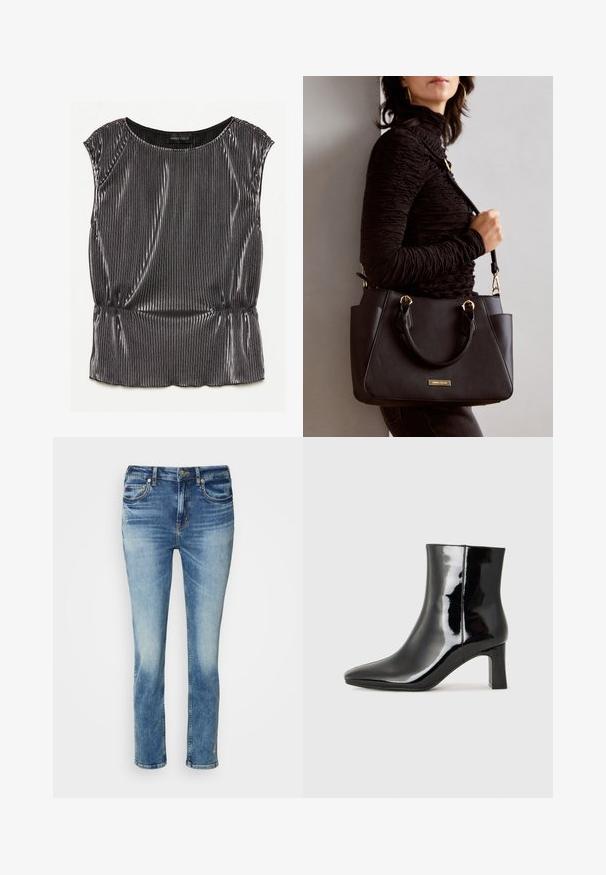 Metaliczny czarny top bez rękawów z plisowanym wykończeniem, okrągłym dekoltem i marszczonym dołem. Widoczna metka marki "ANNA FIELD" wewnątrz.; Jasnoniebieskie dżinsy o prostym kroju, z lekkim przetarciem, styl pięciu kieszeni i subtelnym haftem w okolicy dołu.; Czarne lakierowane botki za kostkę z wysmukłym noskiem i średniej wysokości obcasem w kształcie słupka. Gładka tekstura i minimalistyczny design.; Czarna torebka z teksturowanej powierzchni, podwójnymi uchwytami na górze i regulowanym paskiem na ramię. Posiada złote okucia i boczne kieszenie.