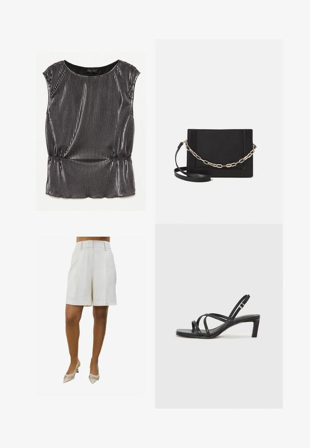 Metallisch schwarzes ärmelloses Top mit einem plisseeartigen Design, gerundetem Ausschnitt und gerafftem Saum. Markenlabel "ANNA FIELD" innen sichtbar.; Beige Leinen-Shorts mit maßgeschneidertem Design, ausgestattet mit zwei vorderen Falten und seitlichen Taschen. Kombiniert mit spitzen, gestreiften High-Heels.; Schwarze Sandale mit Riemchen, quadratischer Zehenform und niedrigem Blockabsatz. Verfügt über mehrere dünne Riemen und einen verstellbaren Knöchelriemen. Hergestellt aus glattem Leder.; Schwarze Leder-Crossbody-Tasche mit glatter Textur, rechteckiger Form und metallic-kettendetail auf der Vorderseite. Verstellbarer Gurt inklusive.