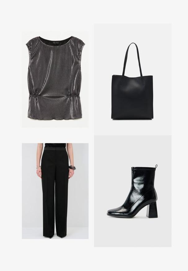 Metallisch zwarte mouwloze top met een geplooid ontwerp, een ronde halslijn en een verzamelde zoom. Merkenlabel "ANNA FIELD" zichtbaar aan de binnenkant.; Zwarte wijde broek met een hoge tailleband, vervaardigd uit een soepel materiaal. Bevat scherpe plooien en een getailleerde pasvorm.; Zwarte, gepatineerde enkellaars met een vierkante neus en een chunky geometrische hak. De laars heeft een gladde, glanzende textuur en een achterste trekband voor eenvoudig aan- en uittrekken.; Zwarte leren handtas met een gladde textuur, rechthoekige vorm en twee lange handvaten. Geen zichtbare hardware of versieringen.