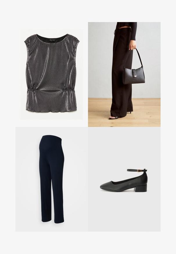 Metalisk sort ærmeløs top med en plisseret design, rund halsudskæring og samlet kant. Brandmærket "ANNA FIELD" synligt indeni.; Marineblå strækbukser med en glat tekstur, elastisk talje og lige ben-design, uden synligt hardware eller mønstre.; Sorte læderpumper med spids tå og en lav blokhæl. Har en ankelrem med en guldfarvet spænde. Glat tekstur.; Sort håndtaske med struktureret form, glat overflade og metalspænde. Sammen med brede sorte bukser og sandaler med åben tå på trægulv.