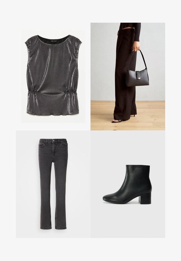 Top sem mangas preto metálico com um design plisado, decote arredondado e bainha franzida. Etiqueta da marca "ANNA FIELD" visível no interior.; Jeans de ganga preta com corte reto, apresentando bolsos frontais, fecho com zip e detalhes de costura discretos. O tecido tem uma leve textura.; Botas de tornozelo em pele preta com bico pontiagudo e um salto robusto. Textura suave com acentos mínimos e um design ajustado e elegante.; Bolsa preta com forma estruturada, textura suave e um fecho metálico. Combinada com calças largas pretas e sandálias de salto aberto sobre um chão de madeira.
