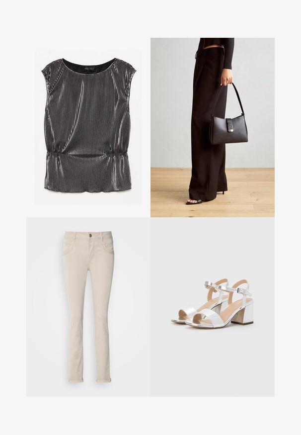 Top metalic negru fără mâneci, cu un design plisat, gât rotund și tiv strâns. Eticheta brandului "ANNA FIELD" este vizibilă în interior.; Pantaloni din bumbac bej cu o croială slim, având două buzunare frontale și manșete rulante. Față netedă cu închidere prin buton și detalii minime de cusătură.; Sandale argintii cu toc înalt, cu vârful deschis, având două curele late și un toc pătrat rotunjit. Textură netedă cu finisaj metalic.; Genți negre cu o formă structurată, textură netedă și un închizător metalic. Asortată cu pantaloni negri largi și sandale cu vârf deschis pe un podea din lemn.
