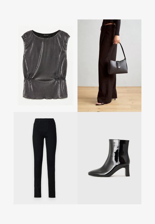 Metallic black sleeveless top with a pleated design, rounded neckline, and gathered hem. Brand label "ANNA FIELD" visible inside.; Black denim skinny jeans with a high waist, five-pocket design, and a smooth texture. Features a button and zipper closure.; Black patent leather ankle boot with a pointed toe and a mid-height block heel. Smooth texture and minimalist design.; Black handbag with structured shape, smooth texture, and a metallic clasp. Paired with wide black pants and open-toe sandals on wooden floor.
