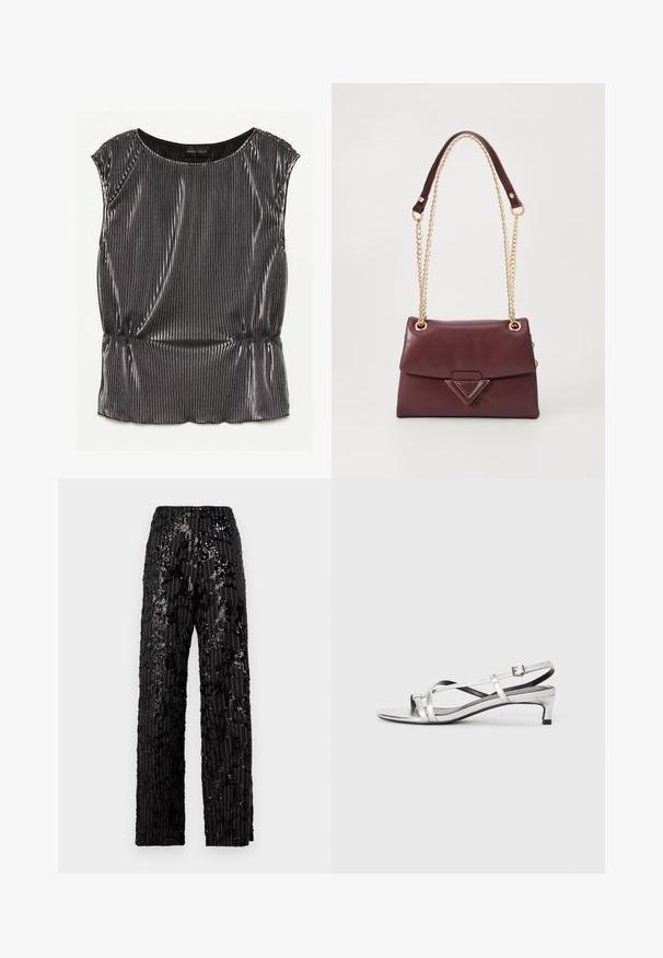 Metalická čierna bezrukávová blúzka s plisovaným dizajnom, zaobleným výstrihom a zberným lemom. Viditeľná značka "ANNA FIELD" vo vnútri.; Čierne široké nohavice so lesklými flitrami a textúrovaným povrchom, so vertikálnymi pruhmi a uvoľneným strihom, ktoré ponúkajú trblietavý vzhľad.; Strieborné metalické sandále na podpätku s nízkym podpätkom, s krížovými remienkami a hladkým povrchom. Minimalistický dizajn.; Burgundská kožená kabelka s preklopeným vrchným dielom, ktorá sa pýši zlatým reťazovým popruhom a trojuholníkovým kovovým akcentom na prednej strane. Hladká textura.
