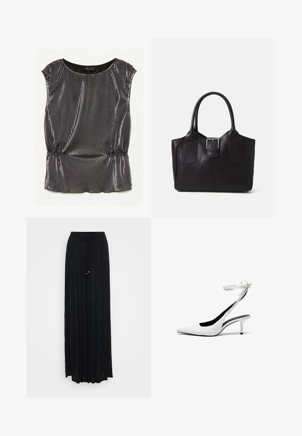 Metalická černá bezramínková halenka s plisovaným designem, kulatým výstřihem a nařaseným lemem. Viditelná značka "ANNA FIELD" uvnitř.; Černá maxi sukně s plisováním a stažení v pase, vyrobená z lehké látky, s pozlacenými akcenty na koncích šňůrky.; Bílé lodičky s špičatou špičkou a s otevřenou patou, opatřené tenkým páskem kolem kotníku. Hladký kožený materiál, tenký jehlový podpatek a černé vnitřní podšívka.; Černá kožená tote taška s hladkým povrchem, strukturovaným tvarem, dvěma uchy a výrazným stříbrným detailem s přezkou na přední straně.