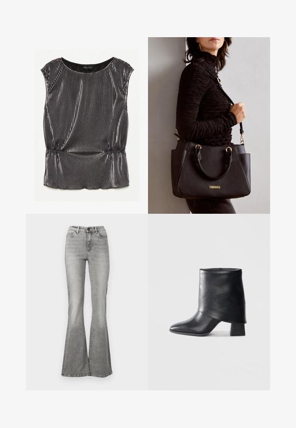 Metallinen musta ilman hihoja oleva toppi, jossa on laskostettu muotoilu, pyöreä pääntie ja kerätty helma. Brändilogo "ANNA FIELD" näkyvissä sisällä.; Harmaat leveät farkut, valmistettu denimistä, joissa on korkea vyötärö, etutaskut ja haalistunut efekti. Vyötärönhelma on hieman leveämpi, luoden leveän muodon.; Mustat nahka nilkkurit, joissa on terävä kärki, sileä pinta ja jämäkkä lohkosaapas. Ominaisuuksia korkea, taitettu varren muotoilu.; Musta käsilaukku, jossa on teksturoitu pinta, kaksi yläkantta ja säädettävä olkahihna. Varustettu kultasävyisillä varusteilla ja sivutaskuilla.