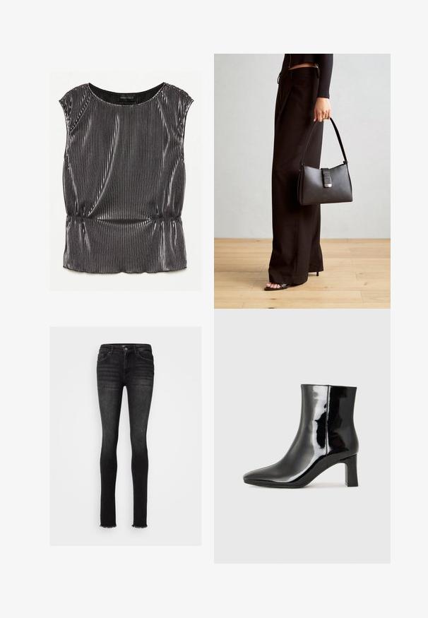 Metalna crna bez rukava s nabranim dizajnom, zaobljenim dekolteom i nabranim rubom. Unutra je vidljiva oznaka brenda "ANNA FIELD".; Crne uske traperice, sa razderanim rubom, pet džepova i prednjim zatvaranjem na dugme uz petlje za remen.; Crne lakirane kožne gležnjače s šiljastim prstom i srednje visokom blok petom. Glatka tekstura i minimalistički dizajn.; Crna torba s oblikom koji sadrži strukturu, glađu teksturu i metalnu kopču. Uparena s širokim crnim hlačama i sandalama na otvorenom s drvenog poda.