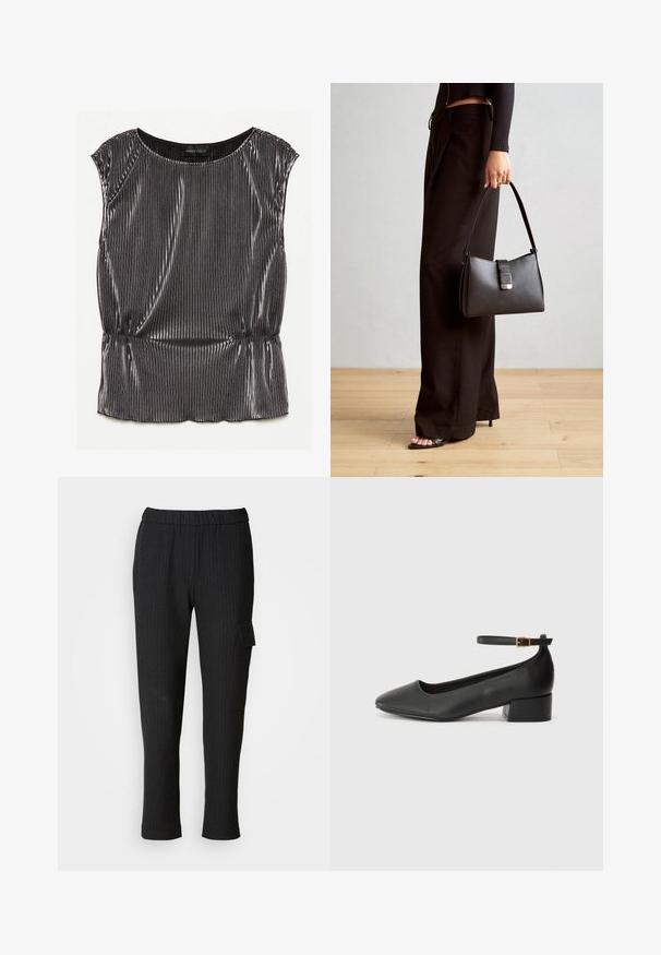 Top sin mangas negro metálico con diseño plisado, escote redondeado y dobladillo fruncido. Etiqueta de la marca "ANNA FIELD" visible en el interior.; Pantalones negros a rayas con un cinturón elástico y diseño de pierna recta. Presenta un bolsillo lateral con tapa, hecho de una tela suave.; Zapato de tacón negro de cuero con punta afilada y tacón bajo cuadrado. Presenta una correa para el tobillo con una hebilla en tono dorado. Textura suave.; Bolso negro con forma estructurada, textura suave y un cierre metálico. Combinado con pantalones anchos negros y sandalias de dedo en un suelo de madera.