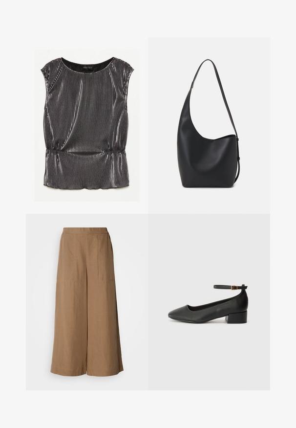 Metallic svart ärmlös topp med en plisserad design, rund halsringning och samlad nederkant. Märkeslappen "ANNA FIELD" synlig inuti.; Breda byxor i ljusbrunt, vävt tyg. Har ett hög elastisk midjeband, sidofickor och en slät textur.; Svart läderpump med spetsig tå och en låg klack. Har en ankelsnodd med en guldtonad spänne. Slät textur.; Svart läder hobo-väska med en slät textur, kurvig form och en justerbar axelrem; har en bred öppning upptill.