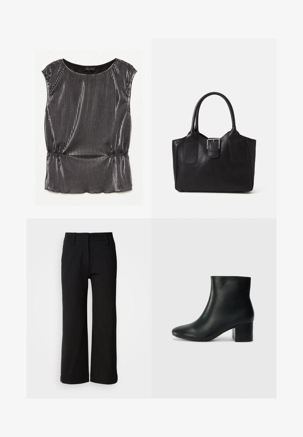Fémes fekete ujjatlan blúz pliszézett mintával, kerek nyakkivágással és redőzött aljjal. A márkajelzés "ANNA FIELD" látható belül.; Fekete, bő szárú nadrág sima anyagból. Jellemzői a lapos elülső rész, övhurkok, és tiszta szegés, zsebek vagy látható zárások nélkül.; Fekete bőr bokacsizma hegyes orral és vastag sarokkal. Sima felület minimális díszítéssel és karcsú, passzos kialakítással.; Fekete bőr bevásárlótáska sima textúrával, strukturált formával, két fogantyúval és egy figyelemfelkeltő ezüst csattal az elején.