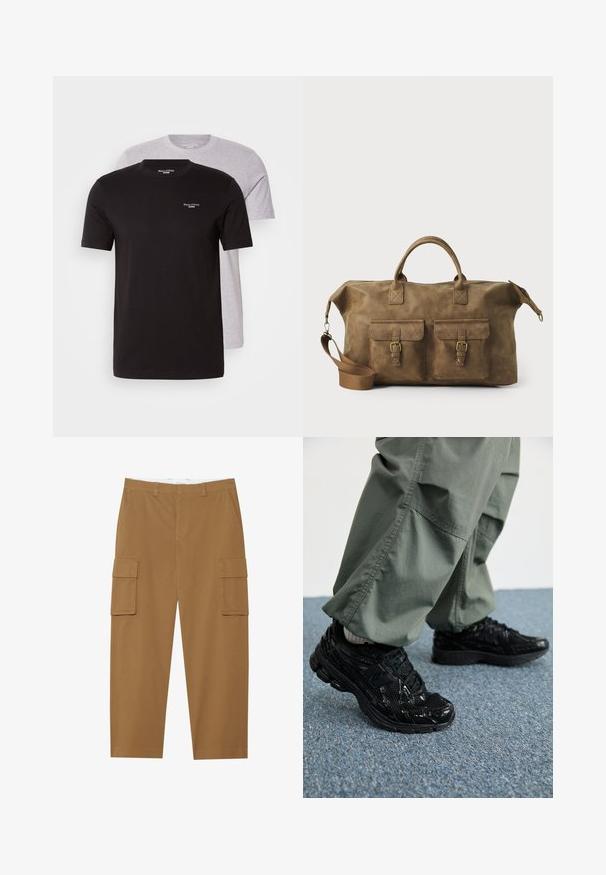 Two short sleeves t-shirts in black and light gray, made of cotton, featuring a crew neck and a small logo on the chest.; Brown cargo pants with two side pockets, a flat front, and a straight leg cut. Made from a durable fabric with a smooth texture.; Black athletic sneakers with glossy and mesh textures, featuring a thick sole and laces, paired with loose olive-green cargo pants.; Brown leather duffel bag with two front pockets, adjustable shoulder strap, gold hardware, and sturdy top handles. Smooth texture.