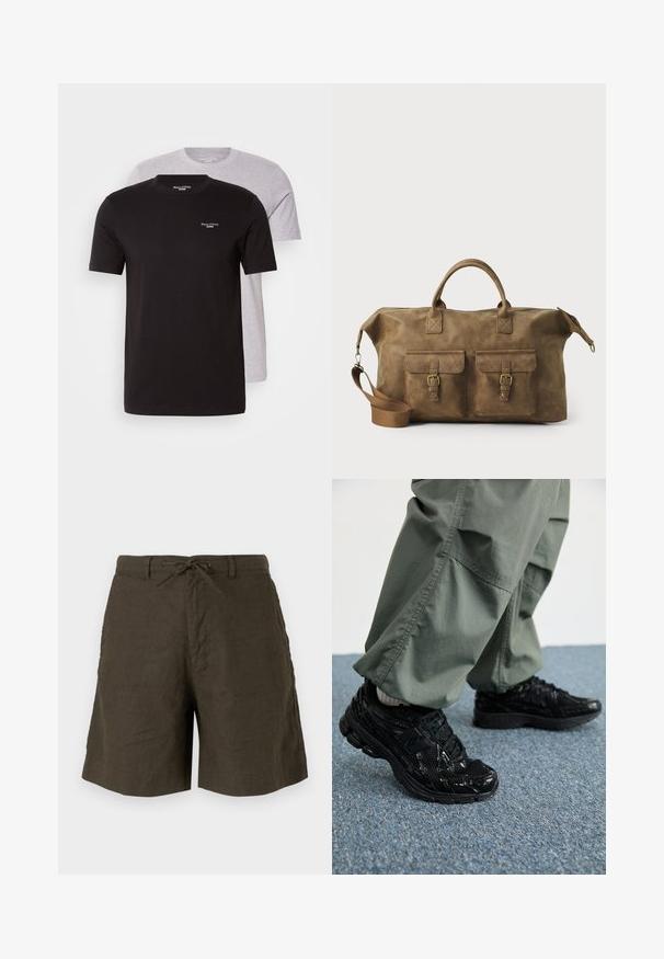 Dos camisetas de manga corta en negro y gris claro, hechas de algodón, con cuello redondo y un pequeño logo en el pecho.; Shorts caquis de lino, con cintura elástica, bolsillos laterales y un corte relajado con una textura suave.; Zapatillas deportivas negras con texturas brillantes y de malla, que presentan una suela gruesa y cordones, combinadas con pantalones cargo holgados de color verde oliva.; Bolso de cuero marrón tipo duffel con dos bolsillos frontales, correa para el hombro ajustable, herrajes dorados y asas superiores resistentes. Textura suave.