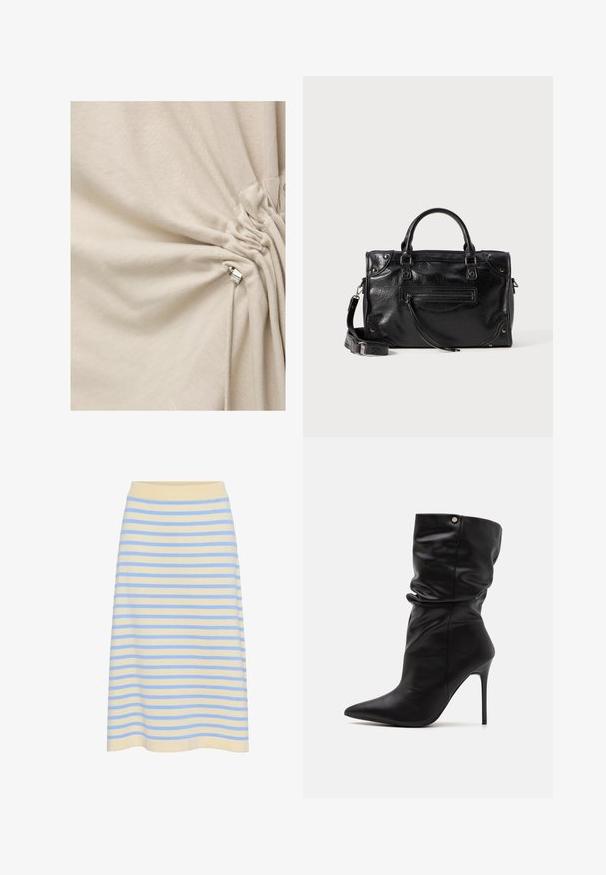 Kremno blago nabrano in zategnjeno s srebrnim kovinskim zapiranjem na detajlu z vrvico.; Prugasta midi krila iz mehkega bombaža z svetlo rumeno podlago in modrimi vodoravnimi črtami. Ima rebrast elastičen pas.; Even&Odd Wide Fit Gležnjarji z visoko peto - black; Črna usnjena torbica z dvema kratkima ročajema in odstranljivim naramnim trakom. Ima sprednji žep na zadrgo in kovinske detajle. Teksturirana površina.