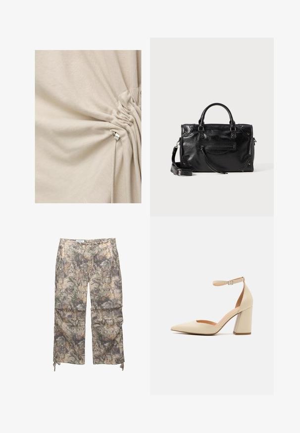 Kremno blago nabrano in zategnjeno s srebrnim kovinskim zapiranjem na detajlu z vrvico.; Hlače s kamuflažnim vzorcem, lahkotna tkanina, elastičen pas, stranske žepke in nastavljive vrvice pri gležnjih.; Bež usnjeni visoki čevelj z zakovano prstom, trakovi okrog gležnja in debelim peto. Gladka tekstura z minimalnimi šivi.; Črna usnjena torbica z dvema kratkima ročajema in odstranljivim naramnim trakom. Ima sprednji žep na zadrgo in kovinske detajle. Teksturirana površina.