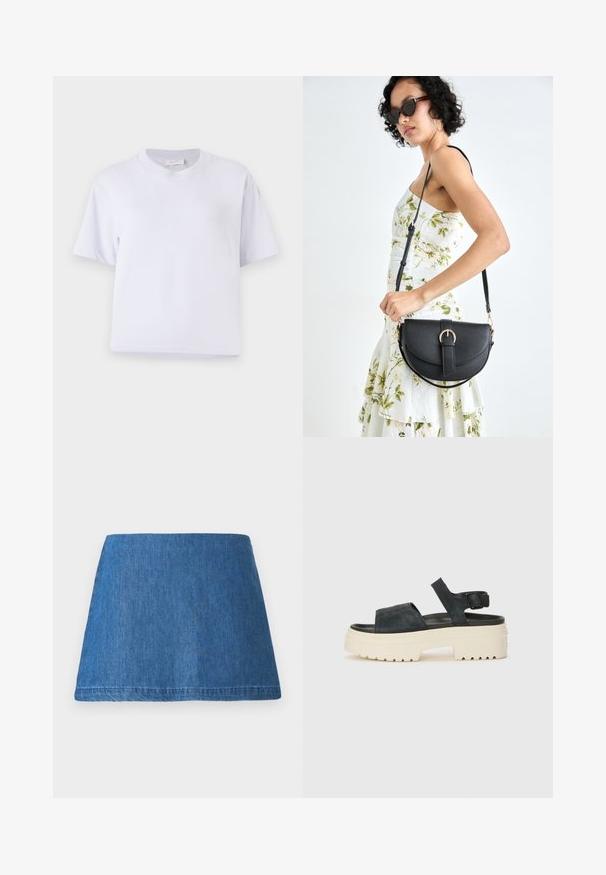 Witte katoenen t-shirt met een losse pasvorm, korte mouwen, ronde hals en zonder zichtbare patronen of versieringen. Gladde textuur.; Denim mini-jurk in een middelblauwe tint, met een klassieke A-lijnvorm, een nette zoom en zonder zichtbare versieringen of patronen.; Zwarte suède platform sandaal met een chunky witte zool, brede voorband en verstelbare enkelgesp. Geprofileerde zool voor grip.; Zwarte leren handtas met een gebogen vorm, afneembare schouderband en gouden hardware. De tas heeft een klep met een gespsluiting.