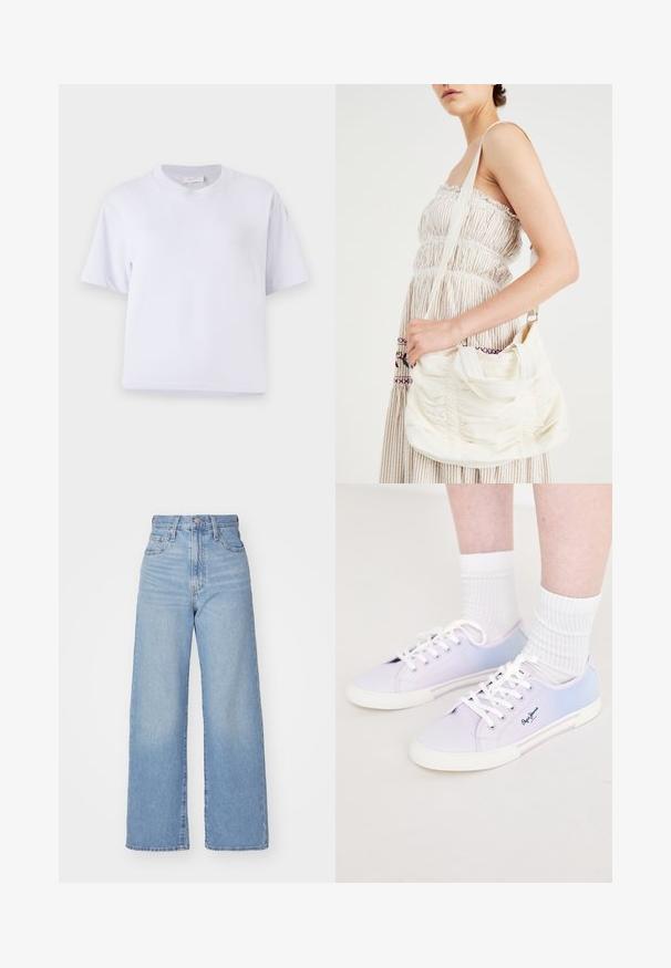 Camiseta branca de algodão com um corte descontraído, mangas curtas, gola redonda e sem padrões ou enfeites visíveis. Textura suave.; Jeans de cintura alta e perna larga em azul claro, com fecho frontal de botão e zíper, bolsos frontais e traseiros, sobre um fundo branco.; Tênis de lona lilás e azul com atacadores brancos e solas de borracha, apresentando um logótipo na lateral e painéis de cor contrastante.; Bolsa de ombro em tecido branco com textura franzida, alça ajustável e acabamentos em prateado. Exposta ao lado de um vestido creme.