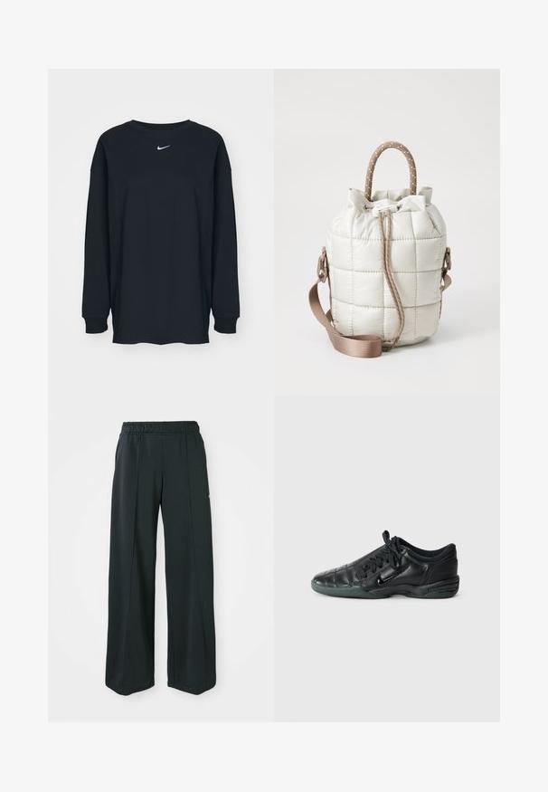 Svart långärmad T-shirt i bomull med rundad halsringning. Har en vit Nike-logotyp på bröstet. Mjuk textur, enkelt design.; Svarta, vida idrottsbyxor med resårmidja. Tillverkade av ett slätt, stretchigt tyg som har diskreta framsömmar och inga fickor.; Svart lädersporter sko med ett kviltat mönster, rund tå, snörning framtill och gummisula. Har subtil varumärkeslogga på sidan.; Kviltad ljusbeige väska med dragsko i toppen, utrustad med ett flätat handtag och ett avtagbart band. Slät textur med mjukt sken.