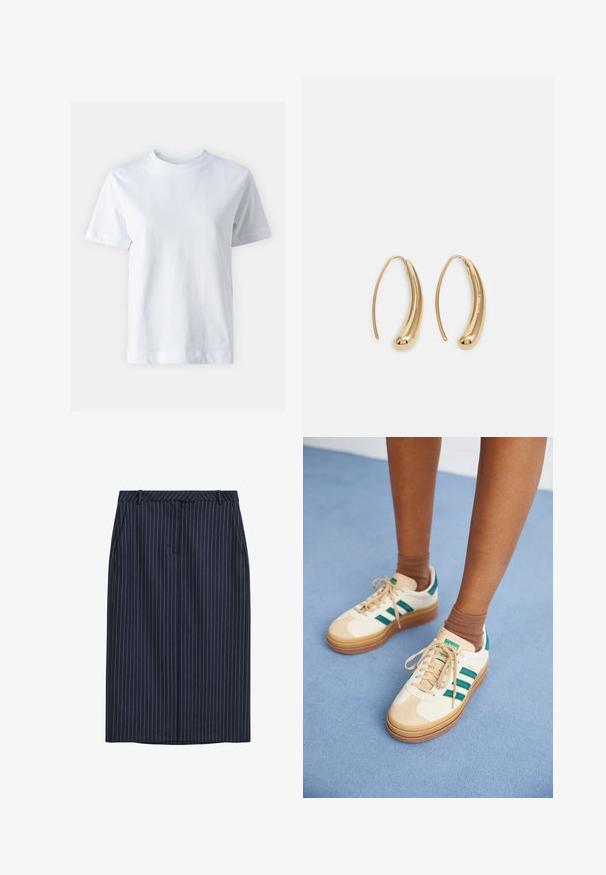 Weißes Baumwoll-T-Shirt mit Rundhalsausschnitt, kurzen Ärmeln, gerader Schnittführung und glatter Textur. Keine Muster oder Verzierungen.; Marineblaue Nadelstreifen-Bleistiftrock mit geradem Schnitt, Fronttaschen, einem Bund und einer glatten Textur. Keine sichtbaren Verschlüsse oder Schließungen.; Beige Sneakers mit dunkelgrünen Streifen, Gummisohle, Obermaterial aus Wildleder und Textil sowie neutralen Hardwareteilen, kombiniert mit braunen Socken auf einer hellblauen Oberfläche.; Goldfarbene Metall-Hoops mit einer geschwungenen, länglichen Form. Sie verfügen über eine glatte, glänzende Oberfläche und eine abgerundete Spitze für zusätzliche Details.