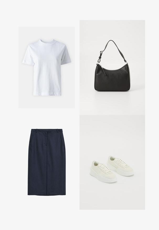 Fehér pamut póló kerek nyakkal, rövid ujjal, egyenes szabással és sima textúrával. Nincsenek minták vagy díszítések.; Tengerés színű csíkos ceruzaszoknya egyenes szabással, elülső zsebekkel, derékkal és sima felülettel. Nincsenek látható zárak vagy rögzítések.; Fehér, alacsony szárú sportcipők vastag talppal és fűzővel, oldalán és orrán perforált részletekkel, fehér háttéren bemutatva.; Fekete bőrtáska ívelt formával, egyetlen pánttal, cipzáras záródással és diszkrét logóval az elején. Simább textúra, minimalista dizájn.