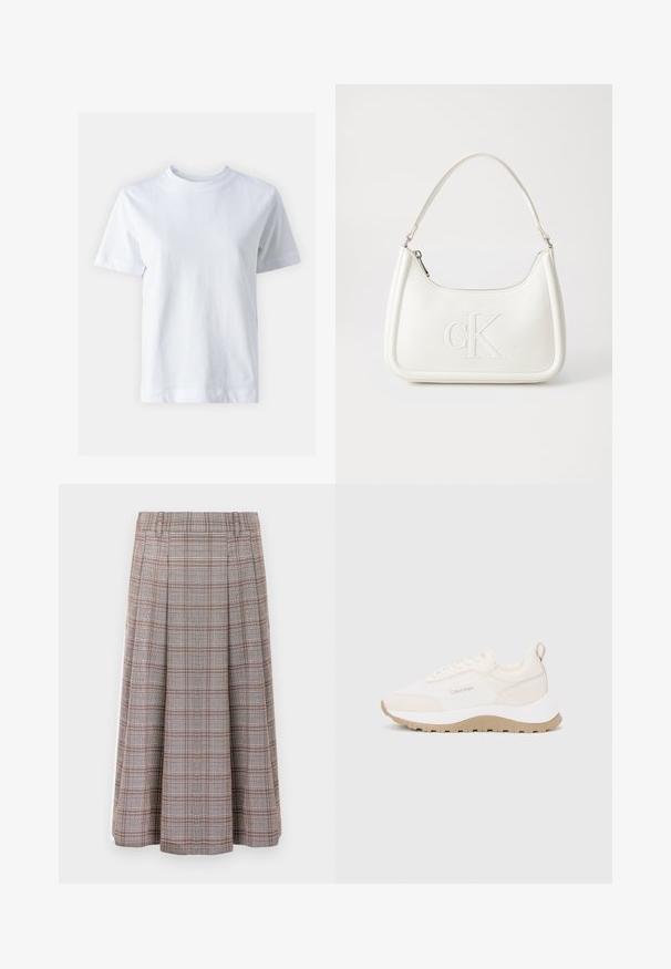 Balta medvilnė marškinėliai su apvalia iškirpte, trumpomis rankovėmis, tiesiu siluetu ir lygiu paviršiumi. Be raštų ar dekoracijų.; Pleated midi sijonas ruda ir pilka languota raštą, pagamintas iš tekstūruoto audinio. Turi juosmenį ir siekia iki vidurinės blauzdos.; Calvin Klein sportbačiai kreminės ir smėlinės spalvos su tekstūruotu audiniu, masyviu padu, raišteliais ir kilpa kulne, kad būtų lengva užsidėti.; Balta odinė rankinė su išlenkta forma, su reljefiniu "CK" logotipu priekyje ir viena petneša. Užtrauktuko uždarymas viršuje.