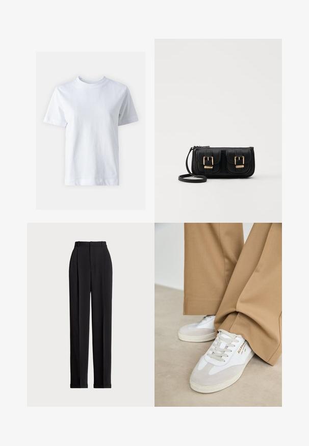 Balta medvilnė marškinėliai su apvalia iškirpte, trumpomis rankovėmis, tiesiu siluetu ir lygiu paviršiumi. Be raštų ar dekoracijų.; Juodos pritaikytos kelnės su aukštu liemeniu, su klostėmis priekyje, tiesaus kirpimo ir užlenktais kraštais. Pagamintos iš lygaus audinio.; Baltos sportbačiai su zomšinėmis detalėmis, tekstūruotais raišteliais ir gumo padu. Sukomponuoti su laisvomis šviesiai rudos spalvos kelnėmis. Logo matomas šone.; Juodas odinis per petį nešiojamas krepšys su dviem priekiniais kišenėmis, auksiniais sagtimis, užtrauktuko uždarymu ir siauromis petnešomis. Textūruota paviršius ir kompaktiškas stačiakampis formatas.; Auksinės metalinės auskarų kabės su lenktą, pailgą forma. Turi lygų, blizgantį paviršių ir užapvalintą galiuką papildomam akcentui.