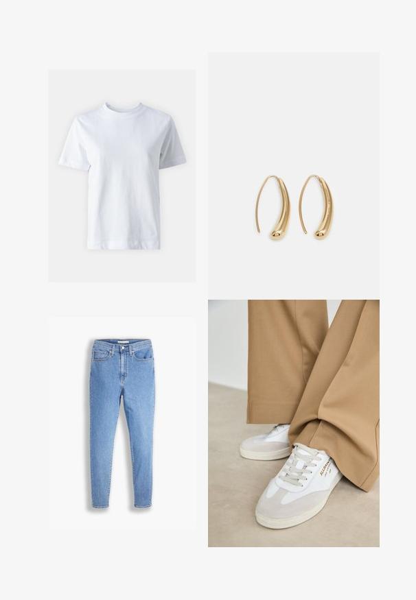 T-shirt de algodón blanco con cuello redondo, mangas cortas, corte recto y textura suave. Sin patrones ni adornos.; Vaqueros de cintura alta slim fit de color azul claro con bolsillos delanteros y traseros, cierre de botón y trabillas para cinturón sobre un fondo blanco.; Zapatillas blancas con detalles de ante, cordones texturizados y suela de goma. Combinadas con un pantalón suelto en tono marrón claro. Logo exhibido en el lateral.; Pendientes de aro de metal en tono dorado con una forma curva y alargada. Presentan una superficie lisa y brillante y una punta redondeada para mayor detalle.
