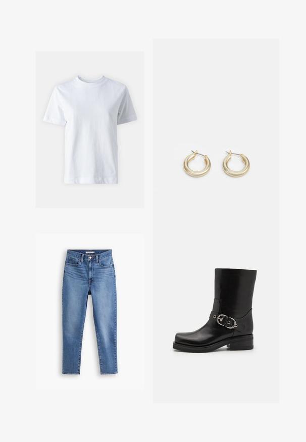 T-shirt bianco in cotone con scollo rotondo, maniche corte, taglio dritto e texture liscia. Nessun motivo o decorazione.; Jeans da donna a vita alta blu con chiusura anteriore a bottone e zip, passanti per cintura e design a cinque tasche, poggiati su uno sfondo bianco.; Stivali ankle in pelle nera con corpo cilindrico, dettaglio con cinturino e fibbia metallica, punta rotonda e tacco basso a blocco. Texture liscia.; Lauren Ralph Lauren BASIC SMALL HOOP - Orecchini - gold-coloured