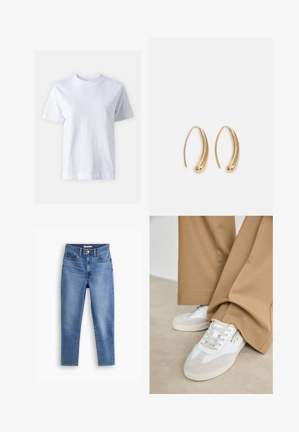 Witte katoen t-shirt met een ronde hals, korte mouwen, een rechte snit en een gladde textuur. Geen patronen of versieringen.; Blauwe hoge taille damesjeans met een sluiting met een knop en rits aan de voorkant, riemlussen en een vijf-pocket ontwerp, plat op een witte achtergrond.; Witte sneakers met suède accenten, gestructureerde veters en een rubberen zool. Gecombineerd met losse beige broek. Logo zichtbaar aan de zijkant.; Gouden metalen oorbellen in de vorm van een gebogen, verlengde hoop. Kenmerkend zijn het gladde, glanzende oppervlak en de afgeronde punt voor extra detail.