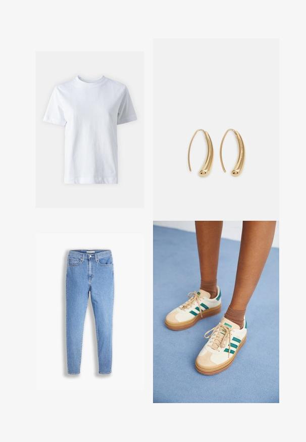 Balta kokvilnas T-krekls ar apaļu izgriezumu, īsām piedurknēm, taisnu griezumu un gludu tekstūru. Nav rakstu vai rotājumu.; Gai zila augsto vidukļa šaurā piegriezuma džinsi ar priekšējām un aizmugurējām kabatām, pogu aizdari un jostu cilpām uz baltā fona.; Bēša kedas ar tumši zaļām svītrām, gumijas zole, zamšādas un tekstila augšdaļa, un neitrāli aksesuāri, apvienotas ar brūnām zeķēm uz gaiši zila virsmas.; Zelta toņu metāla gredzena auskari ar izliektu, pagarinātu formu. Ar gludu, spīdīgu virsma un noapaļotu galu papildu detaļām.