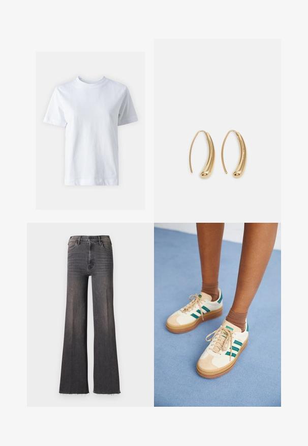 Valge puuvillane T-särk, ümar kaelus, lühikesed varrukad, sirge lõige ja sile tekstuur. Ilma mustrite ja kaunistusteta.; Kõrge vöökohaga pleekinud mustad laiade jalgadega teksad, millel on nööpkinne, ees taskud ja räbaldunud servad.; Beezid kingad tumeroheliste triipudega, kummitald, samet- ja tekstiilülemine ning neutraalne riistvara, koos pruunide sokkidega helesinisel pinnal.; Kuldtoonilised metallist rõngas kõrvarõngad, millel on kõver ja piklik kuju. Omavad siledat, läikivat pinda ja ümarat tipptugevdust, mis lisab detaili.