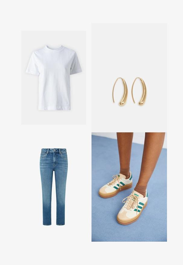 Bílá bavlněná tričko s kulatým výstřihem, krátkými rukávy, rovnym střihem a hladkou strukturou. Bez vzorů a ozdob.; Světle modré denimové džíny se rovnýma nohavicema, pěti kapsami a zipovým zapínáním. Obsahují kontrastní švy a mírně bledý vzhled.; Béžové tenisky s tmavě zelenými pruhy, gumovou podrážkou, svrchní částí z semiše a textilu, a neutrálním kováním, doplněné hnědými ponožkami na světle modrém povrchu.; Náušnice ve tvaru kruhu z pozlaceného kovu s vroubkovaným, prodlouženým tvarem. Mají hladký, lesklý povrch a zaoblený konec pro zvýraznění detailu.