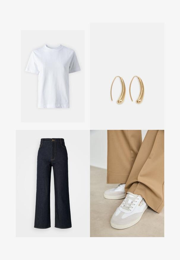 T-shirt de algodón blanco con cuello redondo, mangas cortas, corte recto y textura suave. Sin patrones ni adornos.; Jeans de mezclilla anchos de color azul oscuro con una talle alto, que presentan costuras doradas, un cierre frontal de botón y dos bolsillos laterales.; Zapatillas blancas con detalles de ante, cordones texturizados y suela de goma. Combinadas con un pantalón suelto en tono marrón claro. Logo exhibido en el lateral.; Pendientes de aro de metal en tono dorado con una forma curva y alargada. Presentan una superficie lisa y brillante y una punta redondeada para mayor detalle.