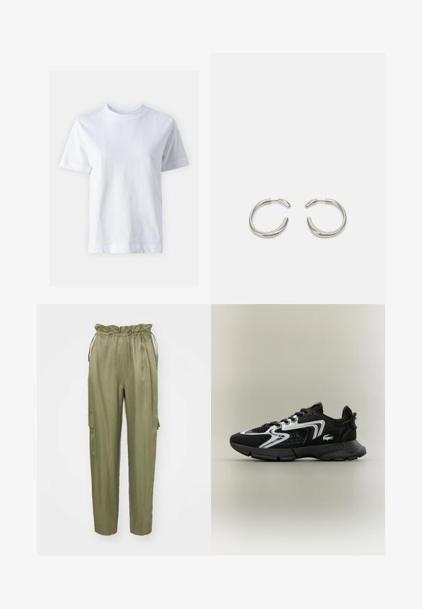 Biely bavlnený tričko s okrúhlym výstrihom, krátkymi rukávmi, rovný strih a hladkou textúrou. Bez vzorov alebo ozdôb.; Olivové cargo nohavice s elastickým pásom na stiahnutie, zúženými nohavicami a bočnou náprsnou vreckom. Hladká tkanina s matným povrchom.; Čierne športové topánky s sieťovanými panelmi, striebornými akcentmi a textúrovanými čiernymi prekrytiami. Obsahujú šnúrky a zakrivenú, pevnú podrážku.; Strieborné kruhové náušnice s hladkým, zaobleným dizajnom a elegantným, lesklým povrchom. Majú minimalistický tvar s jemným otvorom.