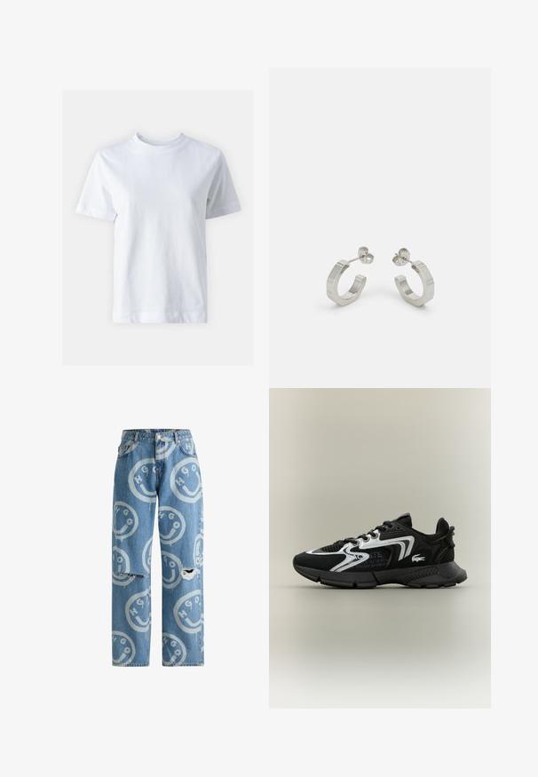 White cotton t-shirt with a crew neckline, short sleeves, a straight cut, and smooth texture. No patterns or embellishments.; Light blue denim jeans with a loose fit, featuring a repeated smiley face and logo pattern, distressed detailing on the knees.; Black athletic shoes with mesh panels, silver accents, and textured black overlays. Features laces and a curved, sturdy outsole.; Silver metal hoop earrings with a textured design, featuring a small post back and branding on one hoop. Rounded shape with a polished finish.