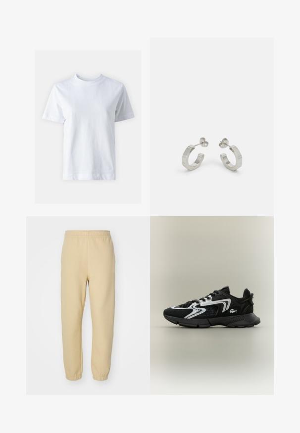 Biała koszulka bawełniana z okrągłym dekoltem, krótkimi rękawami, prostym krojem i gładką fakturą. Bez wzorów ani ozdób.; Beżowe dresy ze ściągaczem w talii i u dołu nogawek, charakteryzujące się gładką teksturą i prostym krojem. Bez kieszeni ani widocznych ozdób.; Czarne buty sportowe z siateczkowymi panelami, srebrnymi akcentami i fakturowanymi czarnymi nakładkami. Posiadają sznurówki i zakrzywioną, mocną podeszwę.; Srebrne metalowe kolczyki w kształcie obręczy z teksturowanym wzorem, z małym zapięciem typu post i logo na jednej obręczy. Okrągły kształt z polerowanym wykończeniem.