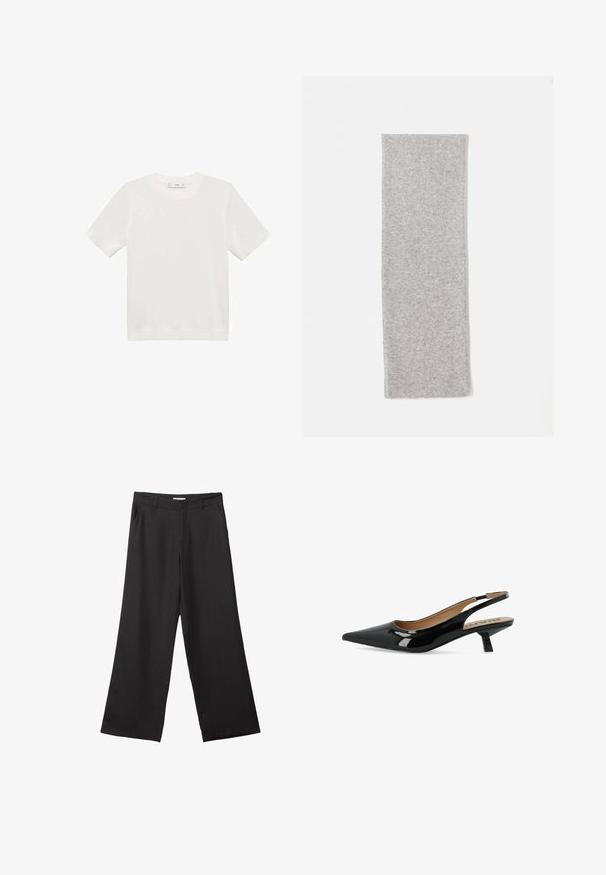 Biela košeľa s krátkymi rukávmi vyrobená z mäkkej látky, s okrúhlym výstrihom a jednoduchým, minimalistickým dizajnom bez viditeľných vzorov alebo akcentov.; Čierne široké nohavice vyrobené z hladkej tkaniny, so zipsom vpredu a dvoma bočnými vreckami, s prispôsobeným strihom a minimalistickým dizajnom.; Čierne lakované kožené slingback lodičky s špicatou špičkou a nízkym štvorcovým opätkom. Disponujú hladkým povrchom a minimalistickým dizajnom.; Sivý pletený šál s hladkou textúrou, predĺženým obdĺžnikovým tvarom a čistými okrajmi, navrhnutý pre teplo a pohodlie.; Čierna kožená taška na rameno s hladkým povrchom, obdĺžnikovým tvarom a dvoma dlhými uchami. Bez viditeľného kovania alebo ozdôb.