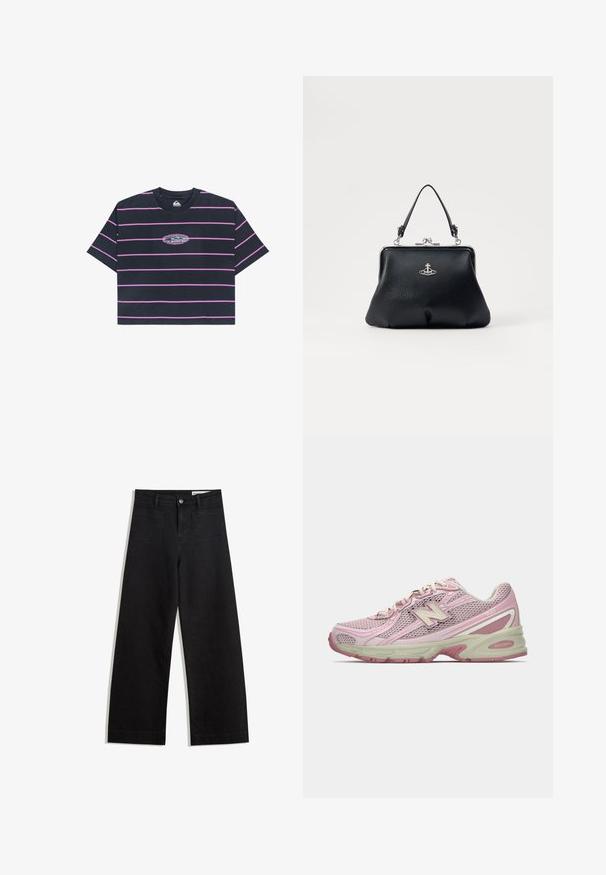 Schwarzes Unisex-T-Shirt mit kurzen Ärmeln, horizontalen rosa Streifen und einem zentralen Quiksilver-Logo, das in lila und weißem Rand gestickt ist.; Schwarze weit geschnittene Jeans mit hoher Taille, ausgestattet mit Vorder- und Hintertaschen, gesteppten Nähten und einem Knopfverschluss. Glatte Textur.; Rosa und beige New Balance 740 Sneaker mit Obermaterial aus Mesh und Synthetik, Schnürverschluss und gepolsterter Sohle, seitlich dargestellt.; Schwarze Lederhandtasche mit strukturiertem Oberflächen, silbernen Beschlägen, Schnappverschluss und einem kurzen Griff zum Tragen. Kompaktes und strukturiertes Design.