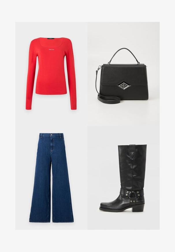 Replay SQUARED NECK - Camiseta de manga larga - red; Replay PANTS - Vaqueros rectos - dark blue; Botas altas de cuero negro hasta la rodilla con punta redonda, una correa con herrajes plateados y un tacón bajo apilado. "REPLAY MFG. CO" grabado en el lateral.; Bolso de mano sintético negro con un diseño estructurado, asa superior, correa de hombro desmontable y logotipo en forma de diamante plateado en el frente.