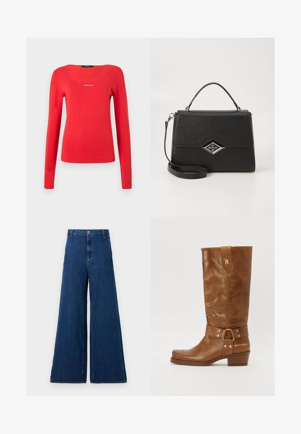 Replay SQUARED NECK - Pikkade varrukatega topp - red; Replay PANTS - Sirgete säärtega teksad - dark blue; Pruunist nahast põlvini ulatuv saabas, millel on lõdva disain, varustatud rihma ja metallist detailidega ning plokknäpikuga. Küljel on tekst "REPLAY MFG.CO".; Musthave mustrahand, millel struktureeritud disain, ülemine käepide, eemaldatav õlavööt ja hõbedane rombikujuline logo ees.