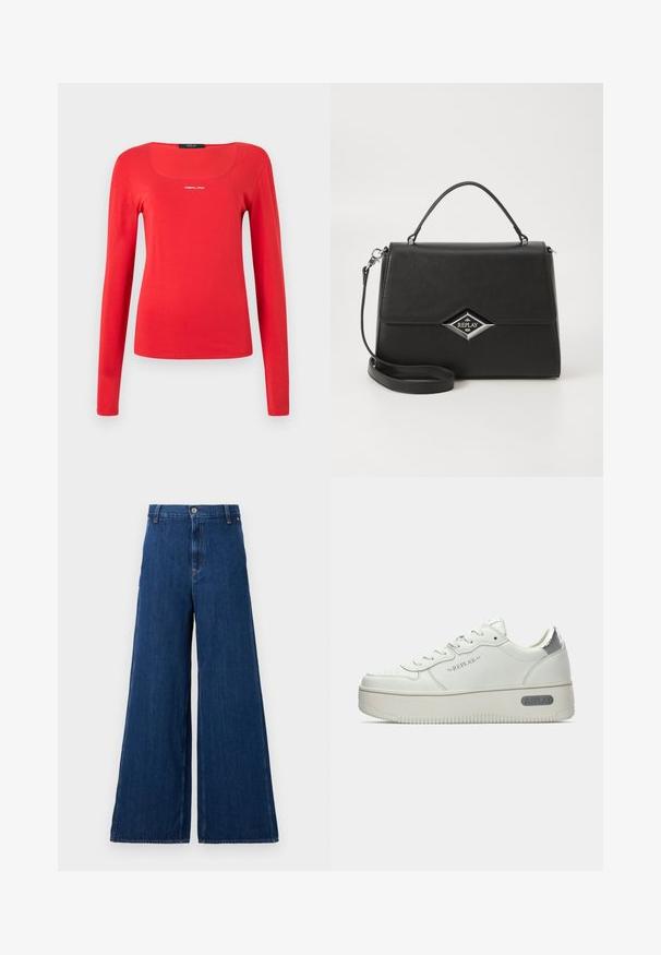 Replay - Bluzka z długim rękawem; Replay - Jeansy Straight Leg; Białe skórzane sneakersy z teksturowaną podeszwą, z metalicznie srebrną piętą i logo "REPLAY" na boku. Minimalistyczny design.; Czarna syntetyczna torebka o ustrukturyzowanym designie, z górnym uchwytem, odpinanym paskiem na ramię i srebrnym logo w kształcie diamentu z przodu.