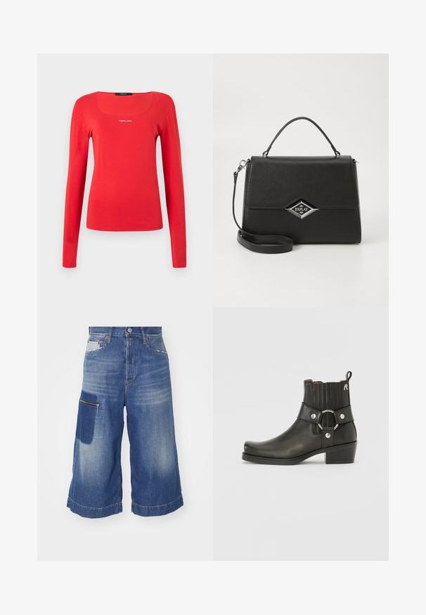 Replay SQUARED NECK  - Top s dlhým rukávom - red; Džínové culottes v tmavomodrej farbe s vyblednutými časťami, s bočnou zipsovou kapsou a širokým, skráteným strihom nohavíc.; Čierna kožená členková topánka s zaoblenou špičkou, vrúbkovanými elastickými stranami, kovovým prstencom a nízkym blokovým podpätkom.; Čierna syntetická kabelka so štruktúrovaným dizajnom, hornou rukoväťou, odnímateľným ramenným popruhom a strieborným logom v tvare diamantu vpredu.