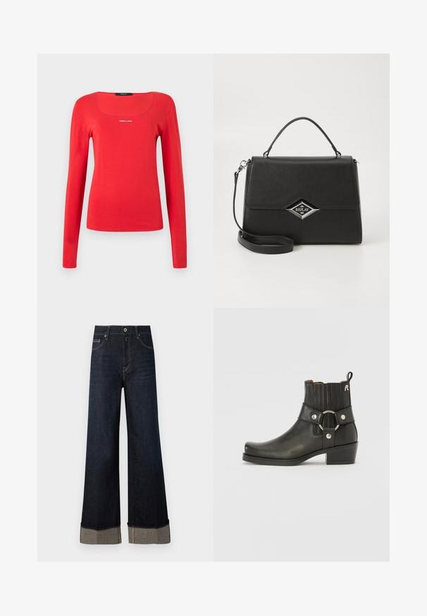 Replay SQUARED NECK - Pitkähihainen paita - red; Tummansinisiä korkeavyötäröisiä leveälahkeisia farkkuja, joissa on raaka helma, vaaleanruskeita ompeleita ja käännetty lahje, joka paljastaa erivärisen kankaan.; Mustat nahka-avokkaat pyöreällä kärjellä, uurretuilla elastisilla sivuilla, metallirenkaalla koristeena ja matalalla lohkareen korolla.; Musta synteettinen käsilaukku, jossa on jämäkkä muotoilu, ylempi kahva, irrotettava olkahihna ja hopeanvärinen timantin muotoinen logo edessä.
