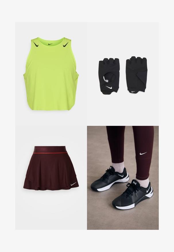 Zaļš bezpiedurkņu kreklis, izgatavots no viegla auduma, ar melniem Nike logo plecos un brīvu piegriezumu.; Karma sporta svārki ar izsistumu dizainu, teksturētu audumu un spīguļojošu jostu ar sarkanu akcentu joslu. Nike logo redzams apakšmalā.; Melni sporta apavi ar strukturētu virsmu un baltām akcentēm, ar auklām un sānu logo. Nēsāti ar bordo legingiem un gaišām zeķēm.; Melnas bezpirkstu cimdus, kas izgatavoti no elastīga materiāla, ar atvērtu plaukstas dizainu, satveršanas akcentiem un Nike logo baltā krāsā.
