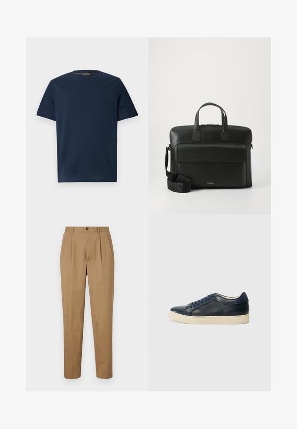 Sötétkék rövid ujjú póló sima pamutból, kerek nyakkivágással és egy kis dombornyomott logóval a bal mellrészen.; Barna, pliszírozott nadrág, egyenes szabással, sima anyagból készült. Elöl gombos záródással és oldalsó zsebekkel rendelkezik.; Sötétkék bőr sportcipő krémszínű gumitalppal, kék fűzőkkel és sima textúrával. Lekerekített orr és minimalista design.; Fekete bőr aktatáska kettős felső fogantyúkkal, elülső zsebbel és levehető pánttal, az alján diszkrét logóval.