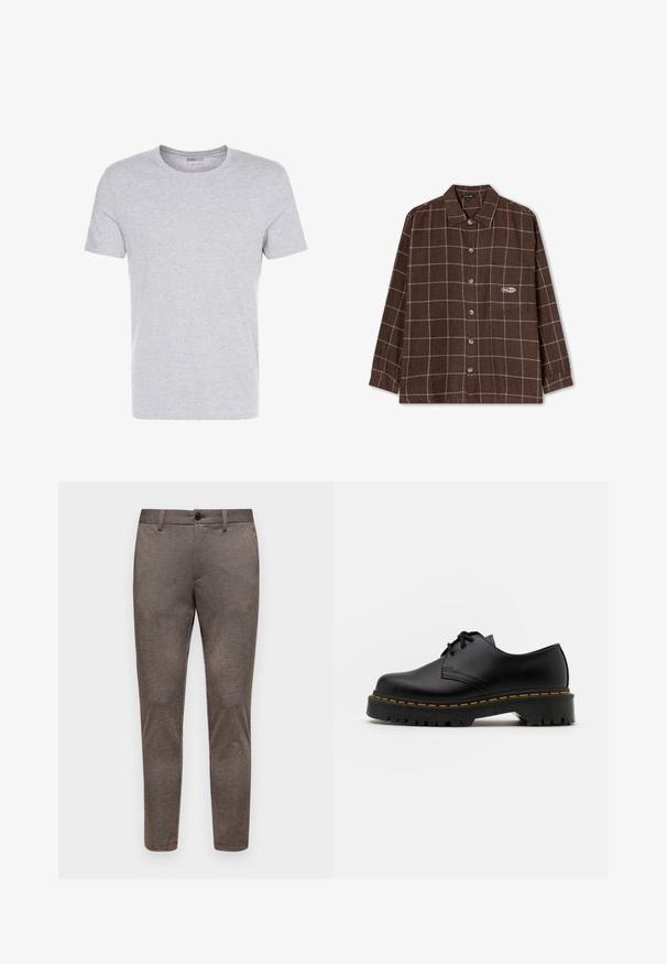 Harmaa puuvillainen t-paita, jossa on pyöreä pääntie, lyhyet hihat ja yksinkertainen muotoilu. Paita on pehmeä ja sileä, eikä siinä ole näkyviä kuvioita tai koristeita.; Kaotiko MILTON CHECKED UNISEX - Paitapusero - brown; Ruskeat ruutukuvioiset housut, joissa on kapea malli. Ominaisuuksiin kuuluu litteä etuosa, nappisulku ja hienovarainen rakenne. Kapeat lahkeet, joissa ei ole näkyviä yksityiskohtia.; Musta nahkainen nauhakenkä, jossa on pyöreä kärki, kuvioitu kumipohja ja keltaiset tikit ympäri pohjaa. Litteä muotoilu ja sileä pinta.