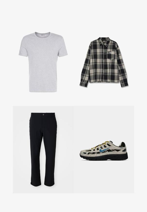 Graues Baumwoll-T-Shirt mit Rundhalsausschnitt, kurzärmlig und schlichtem Design, das eine weiche, glatte Textur aufweist und keine sichtbaren Muster oder Verzierungen hat.; Schwarz- und cremefarbener kariierter Flanellhemd mit langen Ärmeln, Knopfleiste, einer einzelnen Brusttasche und dezentem Logo-Stickerei auf der Tasche.; Schwarze Hose mit Knopfverschluss, geradem Bein, glatter Textur und seitlichen Taschen, geeignet für verschiedene Anlässe.; Beige und schwarze Nike P-6000 Sneaker mit blauen Swoosh, gelben Schnürsenkeln, schwarzem Profil und Cordura-Gewebelabel an der Ferse.