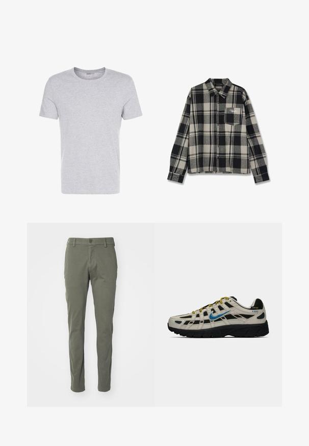 Camiseta de algodón gris con cuello redondo, mangas cortas y un diseño liso, que presenta una textura suave y lisa, sin patrones ni adornos visibles.; Camisa de franela de cuadros en negro y crema, con mangas largas, cierre de botones, un bolsillo en el pecho y un sutil bordado del logotipo en el bolsillo.; Pantalones verdes oliva hechos de una tela suave, con cierre de botón, trabillas para el cinturón y corte recto. Sin patrones ni acentos visibles.; Zapatilla Nike P-6000 en beige y negro con swoosh azul, cordones amarillos, suela negra y etiqueta de tela Cordura en el talón.