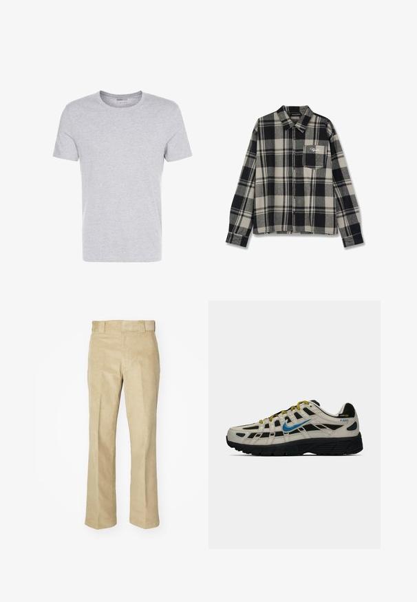 Gray cotton t-shirt with a crew neck, short sleeves, and a plain design, featuring a soft, smooth texture and no visible patterns or embellishments.; Black and cream plaid flannel shirt with long sleeves, button front, single chest pocket, and subtle logo embroidery on pocket.; Dickies FLAT FRONT PANT - Trousers - khaki; Beige and black Nike P-6000 sneaker with blue swoosh, yellow laces, black sole, and Cordura fabric label on the heel.